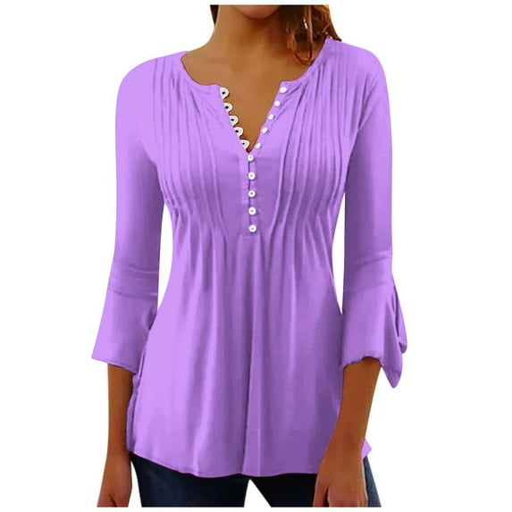 Mittory Tunic Tops for Women Trendy Boho Button V Neck Tshirt Soild Print Tunic Shirts 3/4 Bell Sleeve Shirts