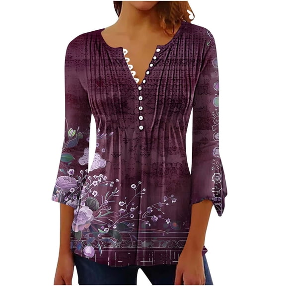 Mittory Tunic Tops for Women Trendy Boho Floral Print Tunic Shirts 3/4 Bell Sleeve Button v Neck Tshirt