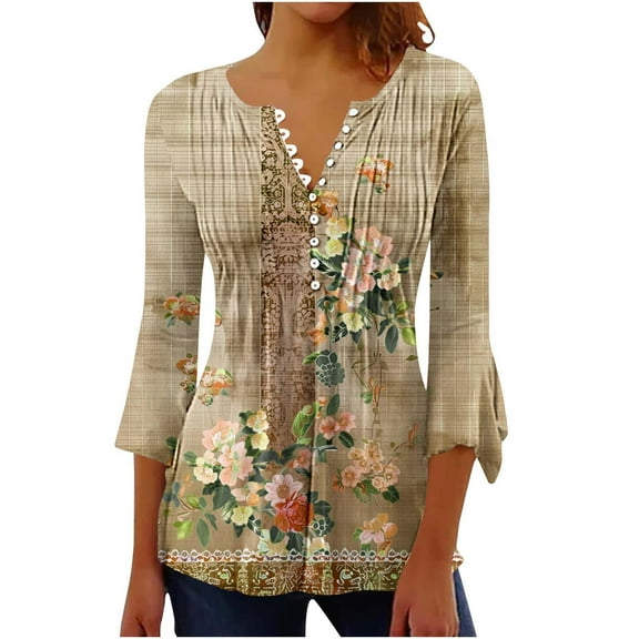 Mittory Tunic Tops for Women Trendy Boho Floral Print Tunic Shirts 3/4 Sleeve Button v Neck Tshirt Casual Loose Blouse