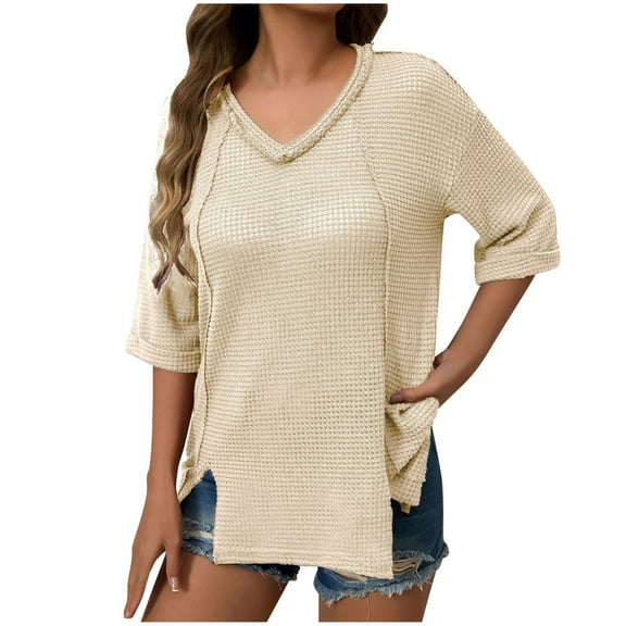 Mittory Waffle Knit Shirts for Women Long Sleeve V Neck Solid Color Casual Tunic Cutout Hem Loose Fit Tee Blouses