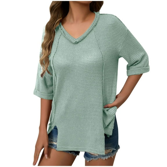Mittory Waffle Knit Shirts for Women Long Sleeve V Neck Solid Color Casual Tunic Cutout Hem Loose Fit Tee Blouses