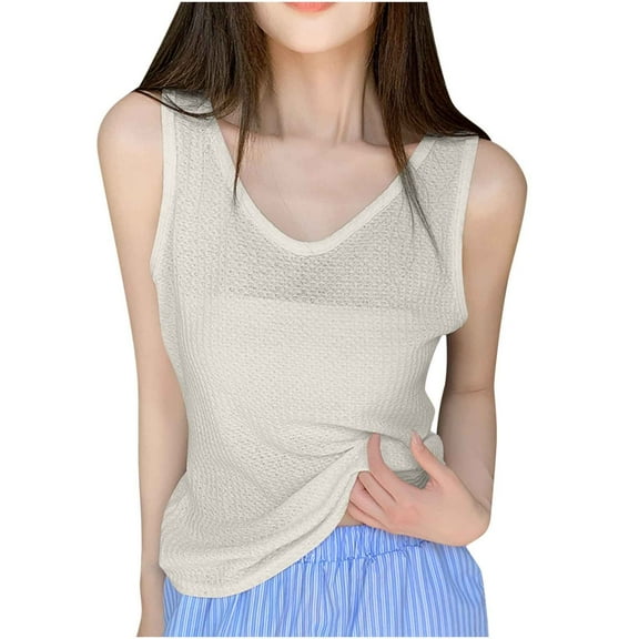 Mittory Waffle Knit Tank Top for Women Summer Scoop Neck Knit Sleeveless Shirts Tops