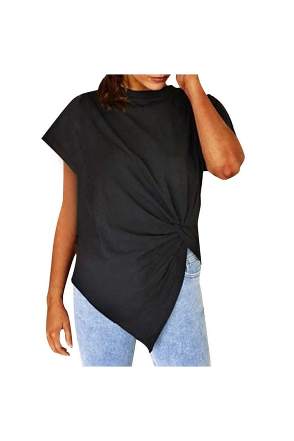 Women Asymmetrical Front Twist Top Short Batwing Sleeve Crewneck Summer Shirt