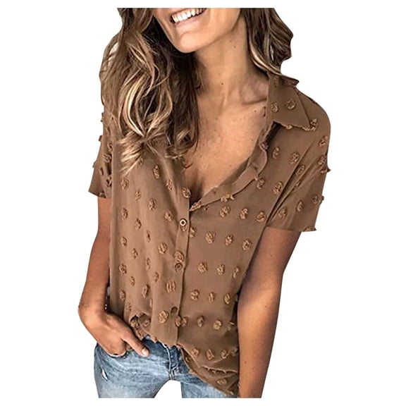 Mittory Women Blouses Summer V Neck Ruffle Short Sleeve Blouse Swiss Dot Flowy Shirt Tunic Top