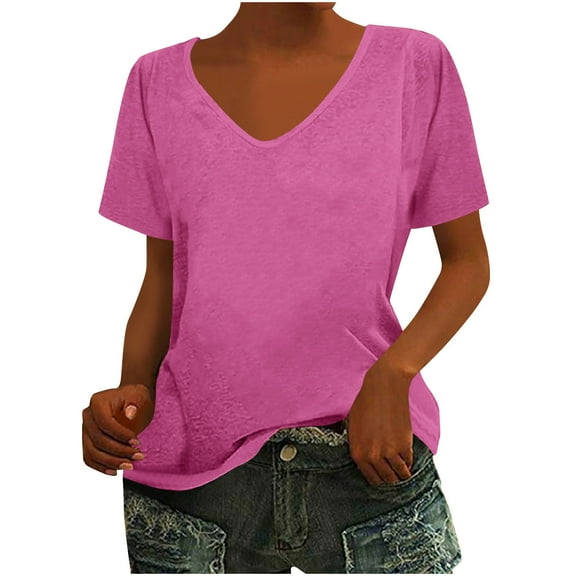 Mittory Women Casual Deep V Neck T Shirts Summer Short Sleeve Fashion Loose Solid Color Tops Tee