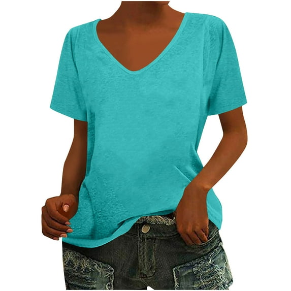 Mittory Women Casual Deep V Neck T Shirts Summer Short Sleeve Fashion Loose Solid Color Tops Tee