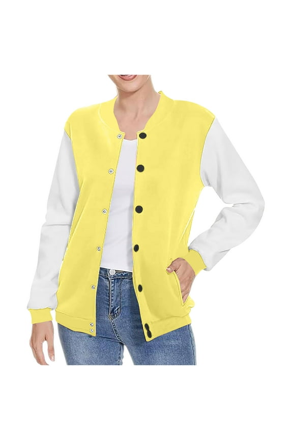 Women Casual Jacket Button Down Coat Fall Color Block Long Sleeve Baseball Jackets Outwear with Pocket