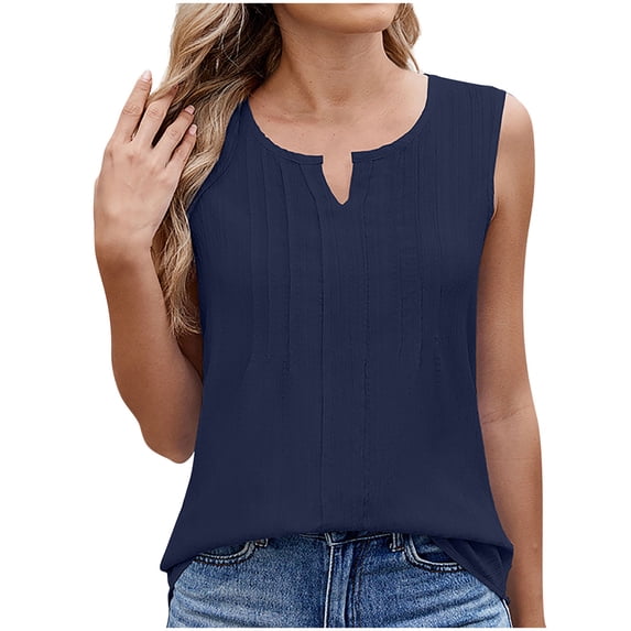 Mittory Women Chiffon Tank Tops Curved Hem V Neck Tees Loose Sleeveless Shirts Trendy Textured Summer Flowy Tunic Blouse