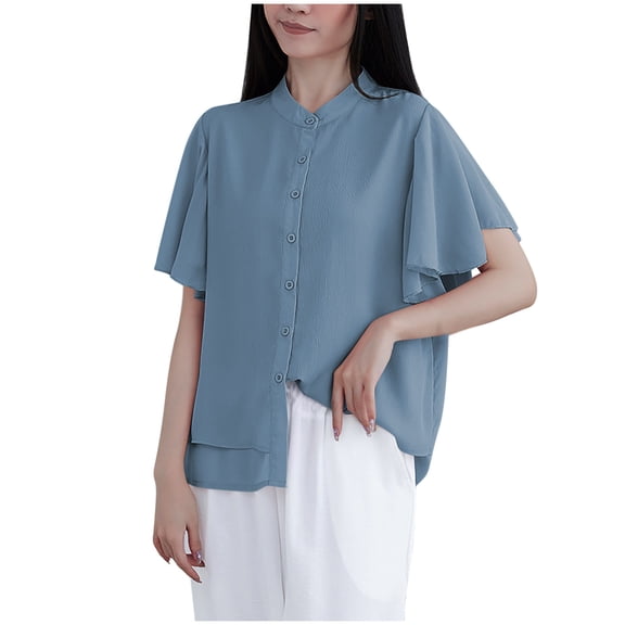 Mittory Women Chiffon Top Casual Loose Button Down Tiered Hem Shirts Lightweight Dressy Flowy Ruffle Short Sleeve
