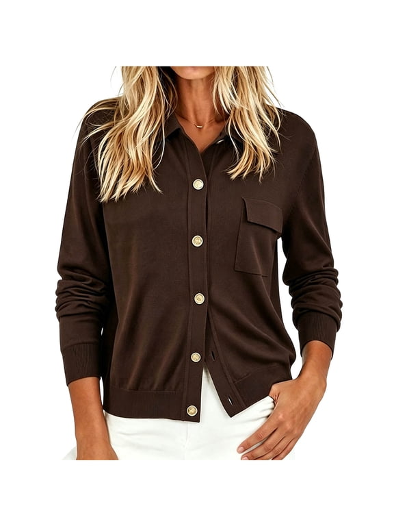 Women Collared Button‑Front Knit Cardigan, Long‑Sleeve Lightweight Sweater Jacket with Chest Pocket and Gold Decor Buttons