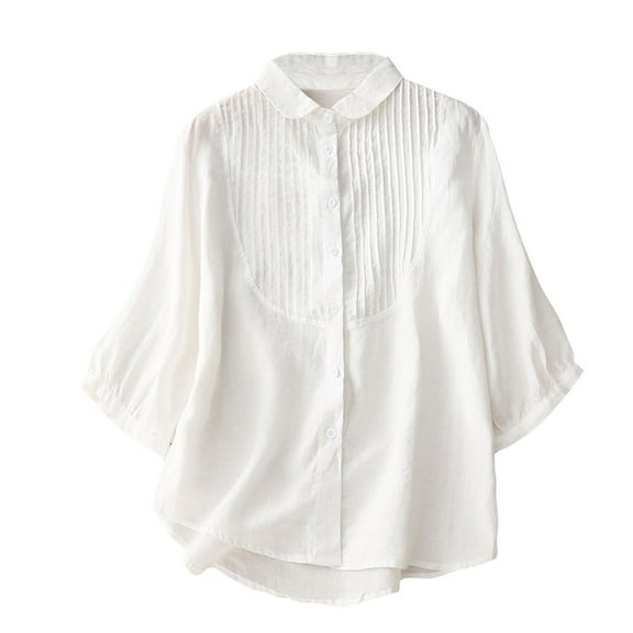 Mittory Women Cotton Linen Shirts 3/4 Sleeve Lapel Button Down Pleated Blouse Summer Dressy Casual Solid Color Tees Tops