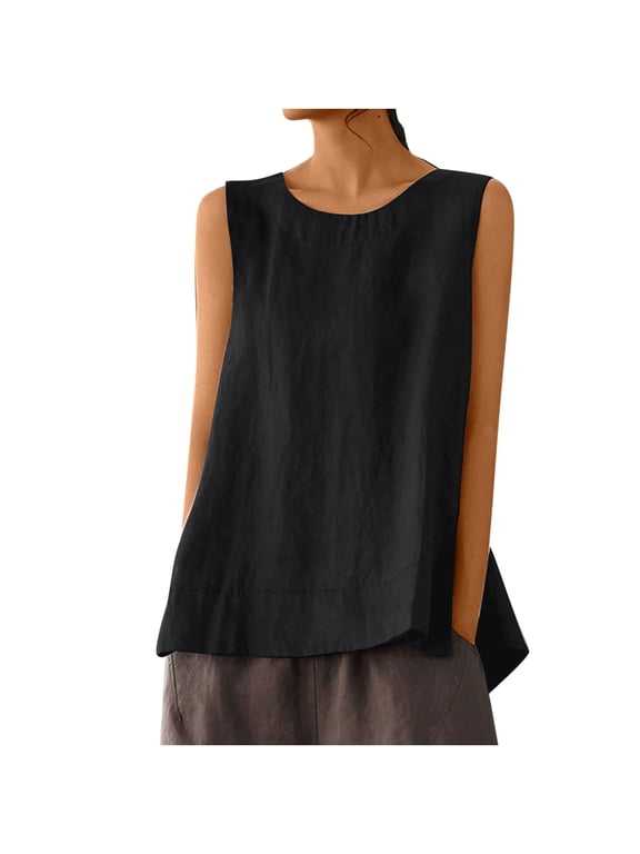 Women Cotton Linen Sleeveless Crop Tank Tops Shirt Summer Casual Solid Color Loose Fit Comfy T-Shirt Blouse