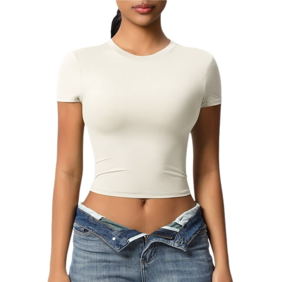 Mittory Women Crewneck Ribbed Short Sleeve Crop Tops Summer Slim Fit Streetwear T-Shirts