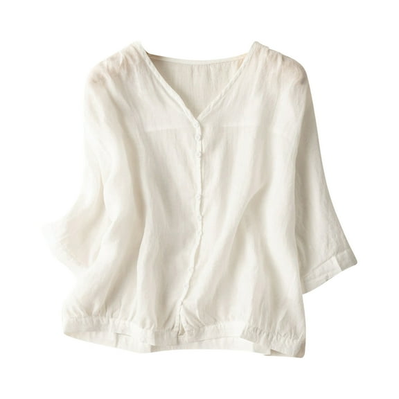 Mittory Women Crop Sleeve Summer Cotton Linen Tops Trendy Baggy T Shirt V-Neck Button-Down Shirts Casual Breathable Blouse