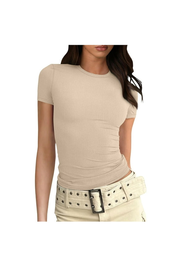 Women Crop Tops Short Sleeve Ribbed Knit Shirts Cute Bow Embroidery Tee Shirts Teen Girls Slim Fitted Baby Tees