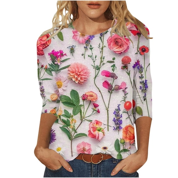 Mittory Women Cute Shirt Floral Graphic 3/4 Sleeve Tops Casual Floral Print Tshirts Crewneck Summer Blouse