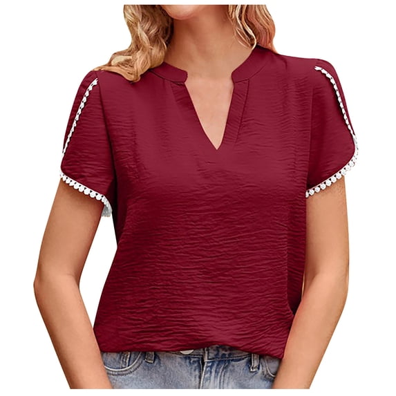 Mittory Women Dressy Casual V-Neck T-Shirts Loose Puff Short-Sleeve Tops Tunic Blouse