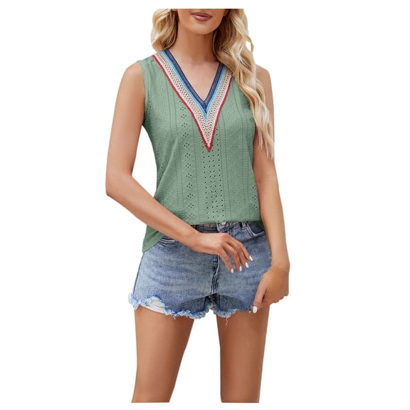 Mittory Women Eyelet Tops V Neck Embroidered Tank Lace Cutout Blouses Tee Sleeveless Shirt Casual