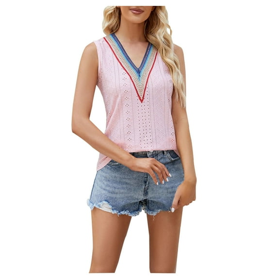 Mittory Women Eyelet Tops V Neck Embroidered Tank Lace Cutout Blouses Tee Sleeveless Shirt Casual