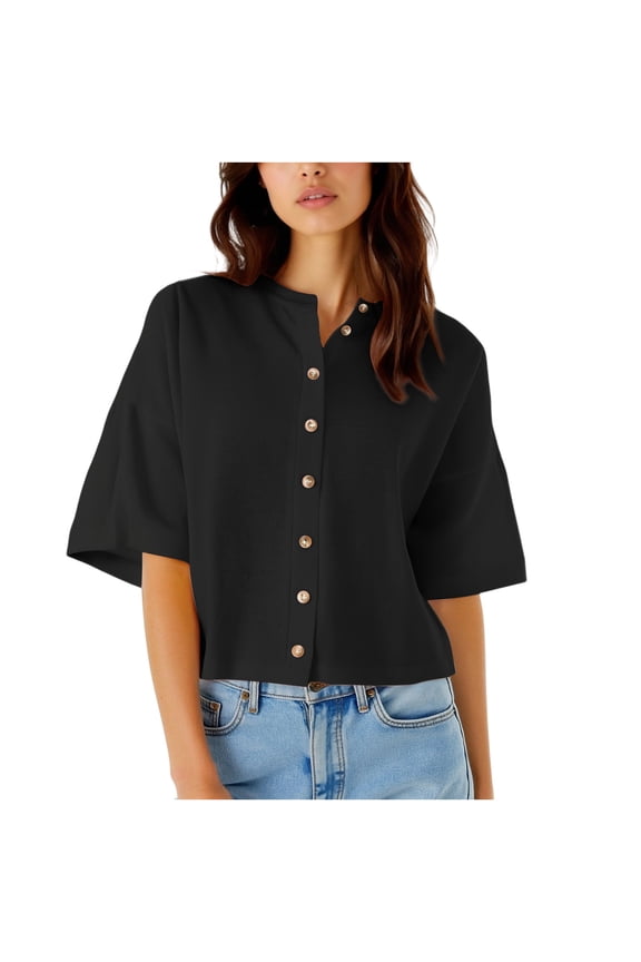Women Half Sleeve Button Down Shirts Round Neck Drop Shoulder Casual Crop Tops Summer Solid Color Loose Fit Blouse