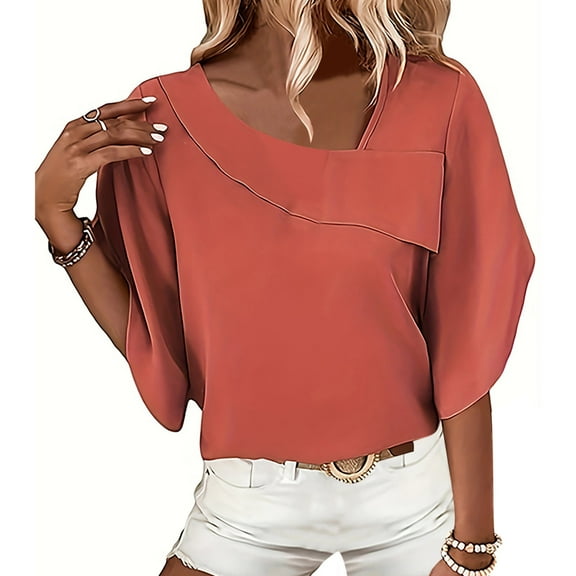 Mittory Women Half Sleeve Dressy Tops Shirts Trendy Elegant Casual V Neck Plain Solid Color Blouse Tshirts