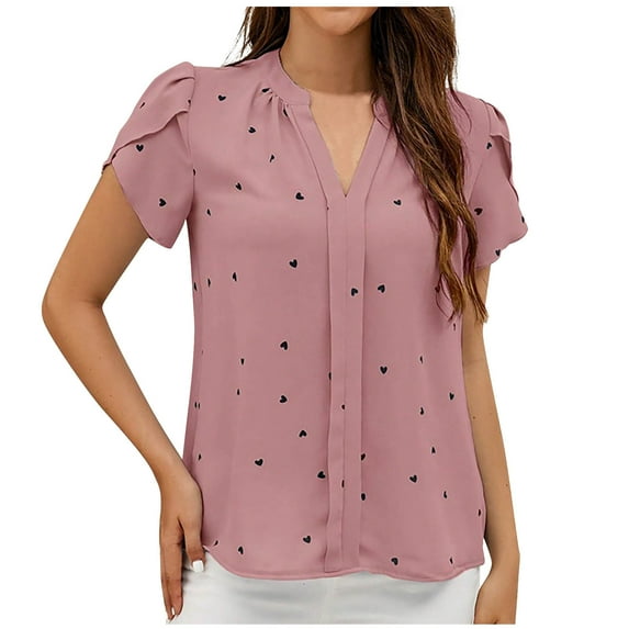 Mittory Women Heart Print Tulip Short Sleeve Shirt Blouse Notched V Neck Work Top