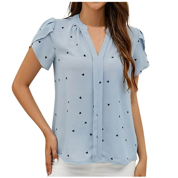 Mittory Women Heart Print Tulip Short Sleeve Shirt Blouse Notched V Neck Work Top