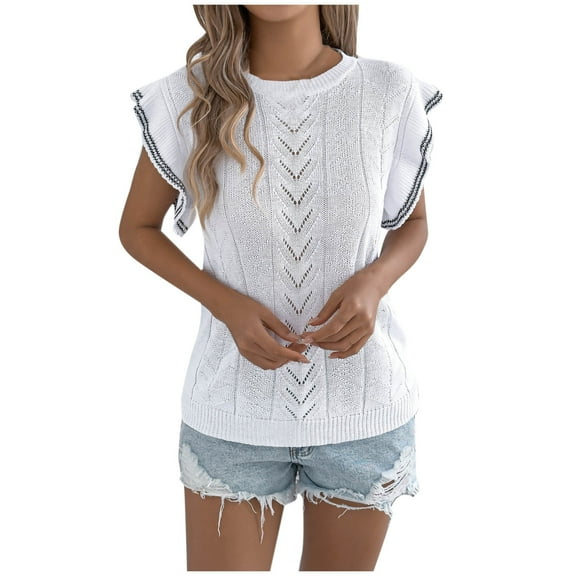 Mittory Women Knitted Short Sleeve Tops Round Neck Summer Vacation T Shirts Stretch Soft Lightweight Summer Shirt
