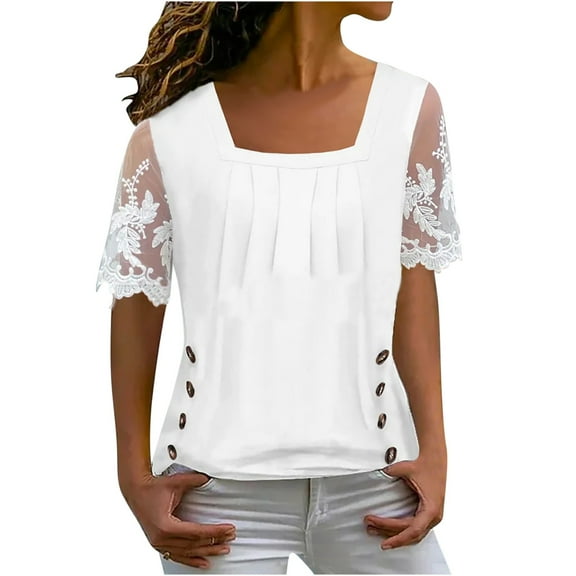 Mittory Women Lace Short Sleeve Blouse Pleated Square Neck Tops Loose Fit Hide Belly Dressy Casual Tunic Shirts