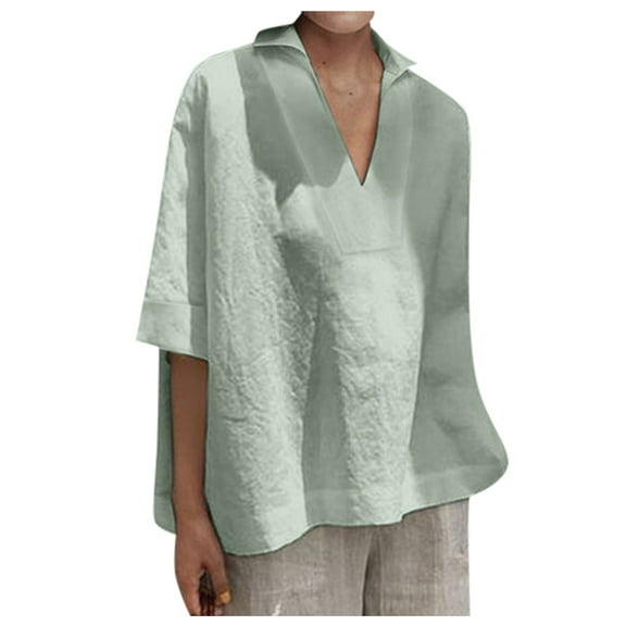 Mittory Women Lapel V Neck Linen Tops 3/4 Sleeve Spring Blouses Shirts Boho Style Dressy Casual Tunic Ladies Clothing
