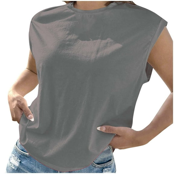 Mittory Women Loose Solid Shoulder Pads Sleeveless T-Shirt Casual Cotton Round Neck Tank Tee Top