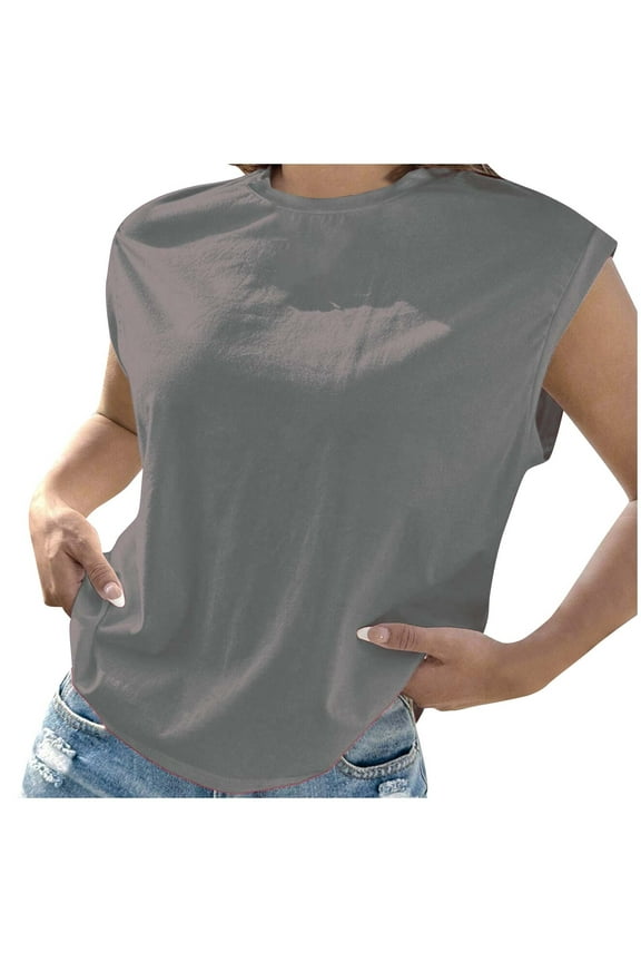 Women Loose Solid Shoulder Pads Sleeveless T-Shirt Casual Cotton Round Neck Tank Tee Top