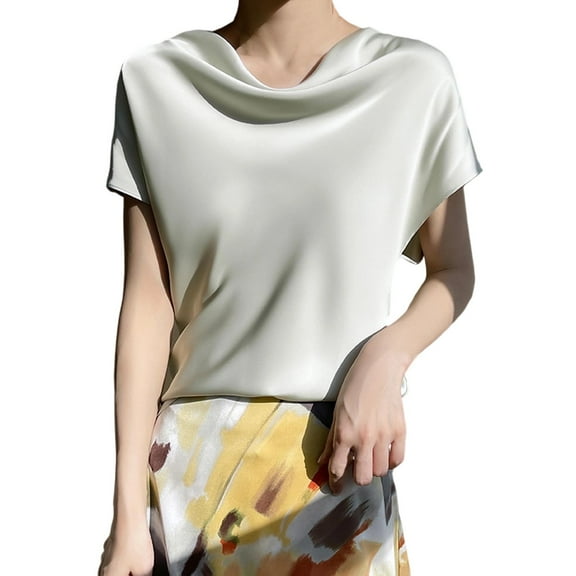 Mittory Women O-Neck Satin Short Sleeve T-Shirt Summer Solid Thin Commuting Fashion Tops Elegant Dating Shirt
