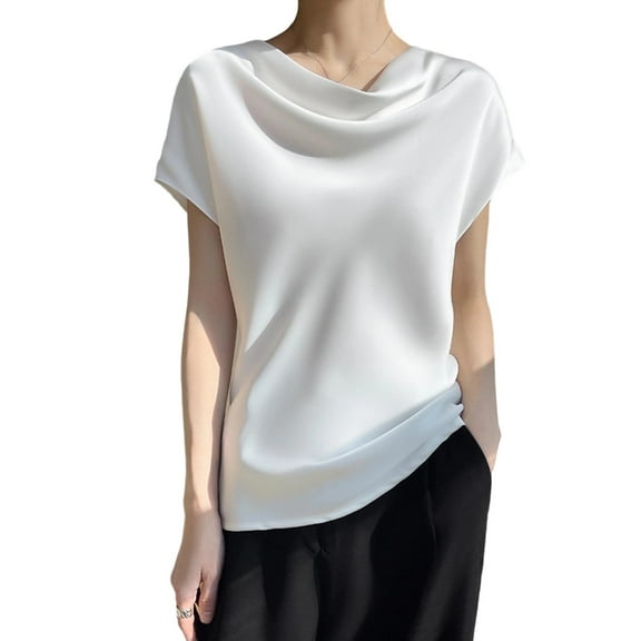 Mittory Women O-Neck Satin Short Sleeve T-Shirt Summer Solid Thin Commuting Fashion Tops Elegant Dating Shirt