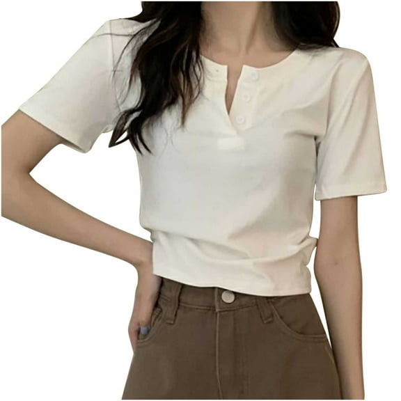 Mittory Women Open Button T-Shirt Short Sleeve Crop Top Ladies Solid Casual Slim Solid Tee