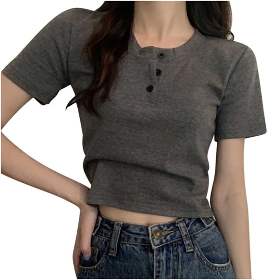 Mittory Women Open Button T-Shirt Short Sleeve Crop Top Ladies Solid Casual Slim Solid Tee