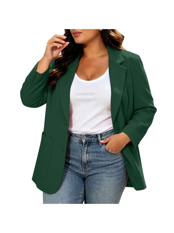 Women Plus Size Notched Lapel Blazer, Long Sleeve Single Button Pockets Casual Solid Suit Jacket