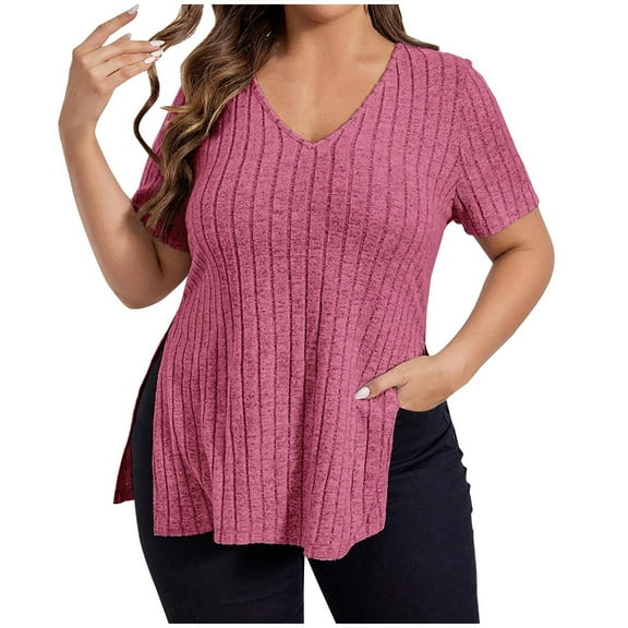 Mittory Women Plus Size Short Sleeve Knit Sweater V Neck Split Hem Blouses Casual Loose Pullover Tunic