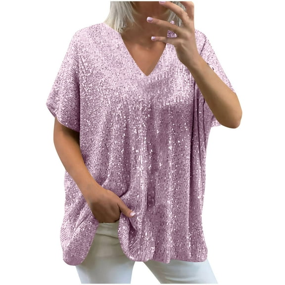 Mittory Women Plus Size Sparkly Sequin Blingbling V-Neck Short Sleeve Loose Summer Top T-Shirt Tee
