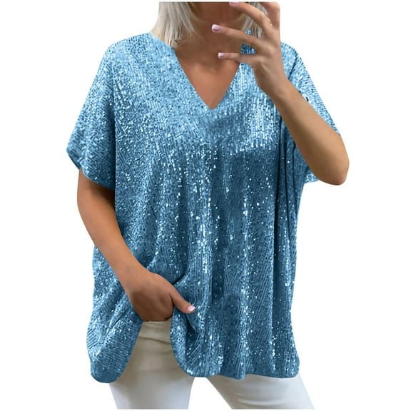 Mittory Women Plus Size Sparkly Sequin Blingbling V-Neck Short Sleeve Loose Summer Top T-Shirt Tee