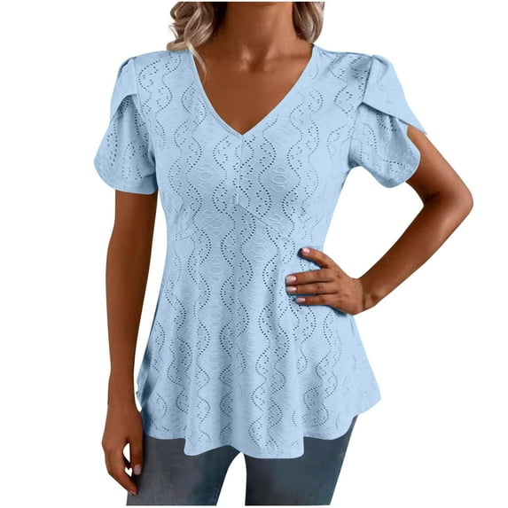 Mittory Women Plus Size Summer Shirt V Neck Eyelet Breathable Blouse Tulip Hem Short Sleeve Going Out Fitted Outfits
