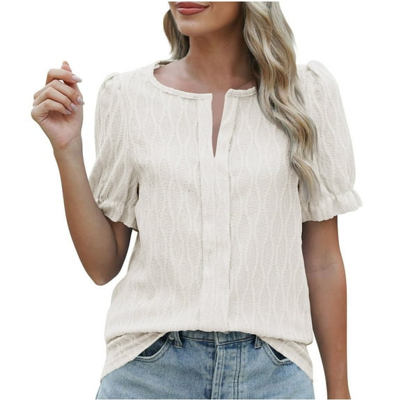 Mittory Women Plus Size Summer Tops Cute Puff Sleeve V Neck Casual Loose Blouse T Shirts