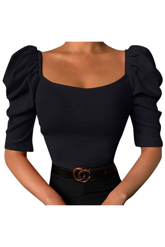 Women Puff Half Sleeve Square Neck Crop Top Summer Slim Fit Blouses T Shirt Casual Ribbed Shirt Basic Knit Tees