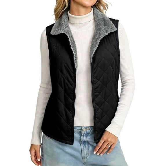 Mittory Women Reversible Fleece‑Lined Quilted Vest, Sleeveless Full‑Zip Stand Collar Outerwear with Side Pockets