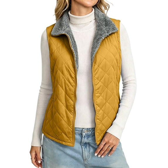 Mittory Women Reversible Fleece‑Lined Quilted Vest, Sleeveless Full‑Zip Stand Collar Outerwear with Side Pockets