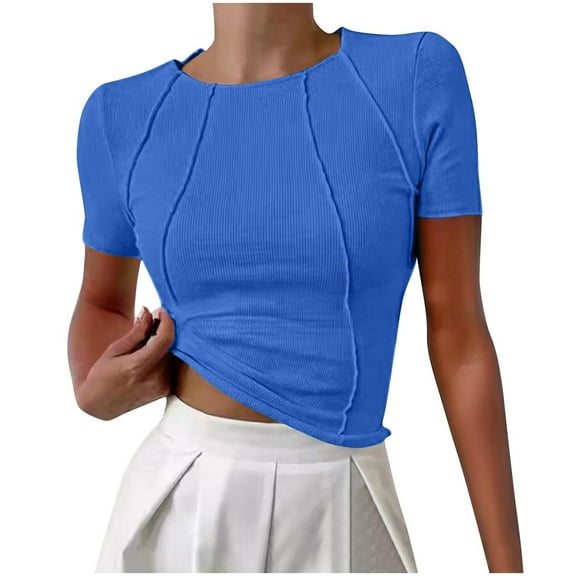 Mittory Women Ribbed Short Sleeve Tops Summer Casual Crew Neck Cute Crop Basic Tees Slim Fit Exposed Seams T Shirts