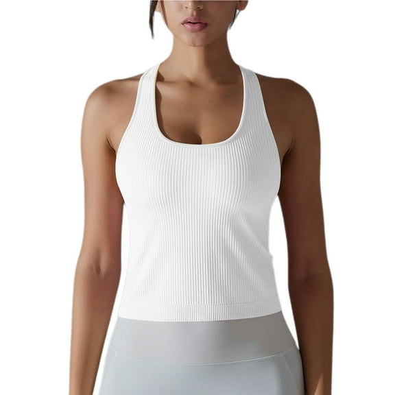Mittory Women Ribbed Workout Crop Tops with Built in Bra Yoga Racerback Tank Top Tight Fit