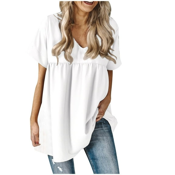 Mittory Women Ruffle Short Sleeve V Neck Oversized Shirt Tunic Babydoll Loose Fit Peplum Tops