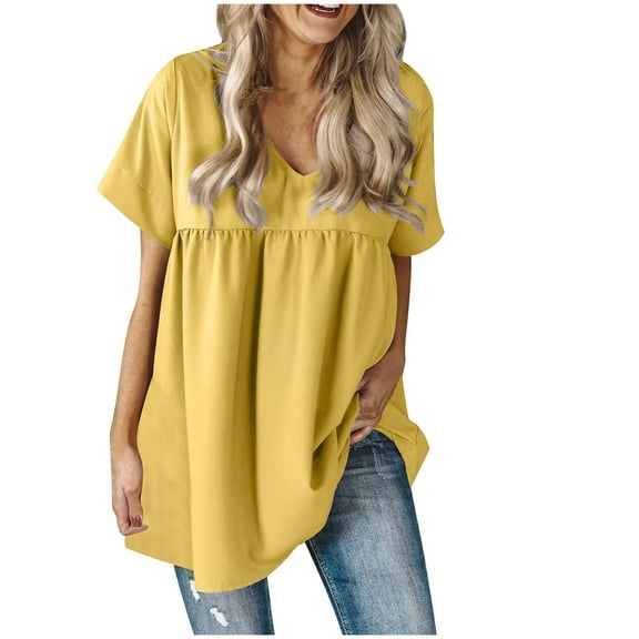 Mittory Women Ruffle Short Sleeve V Neck Oversized Shirt Tunic Babydoll Loose Fit Peplum Tops