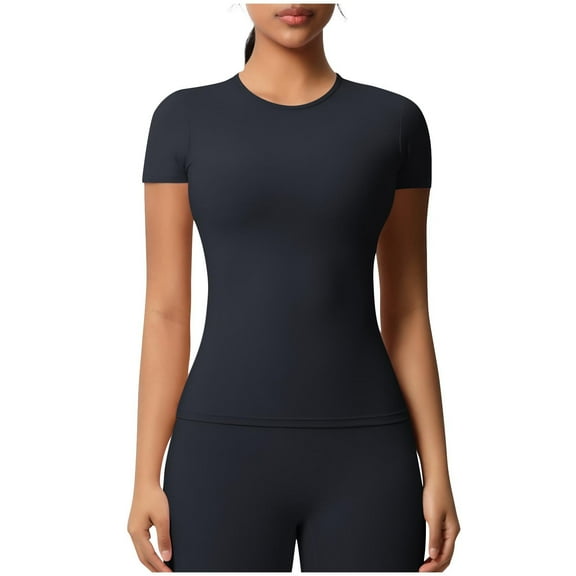 Mittory Women Running Sports T Shirt Summer Short Sleeve Round Neck Breathable Stretchy Gym Yoga Slim Fitness Active Top